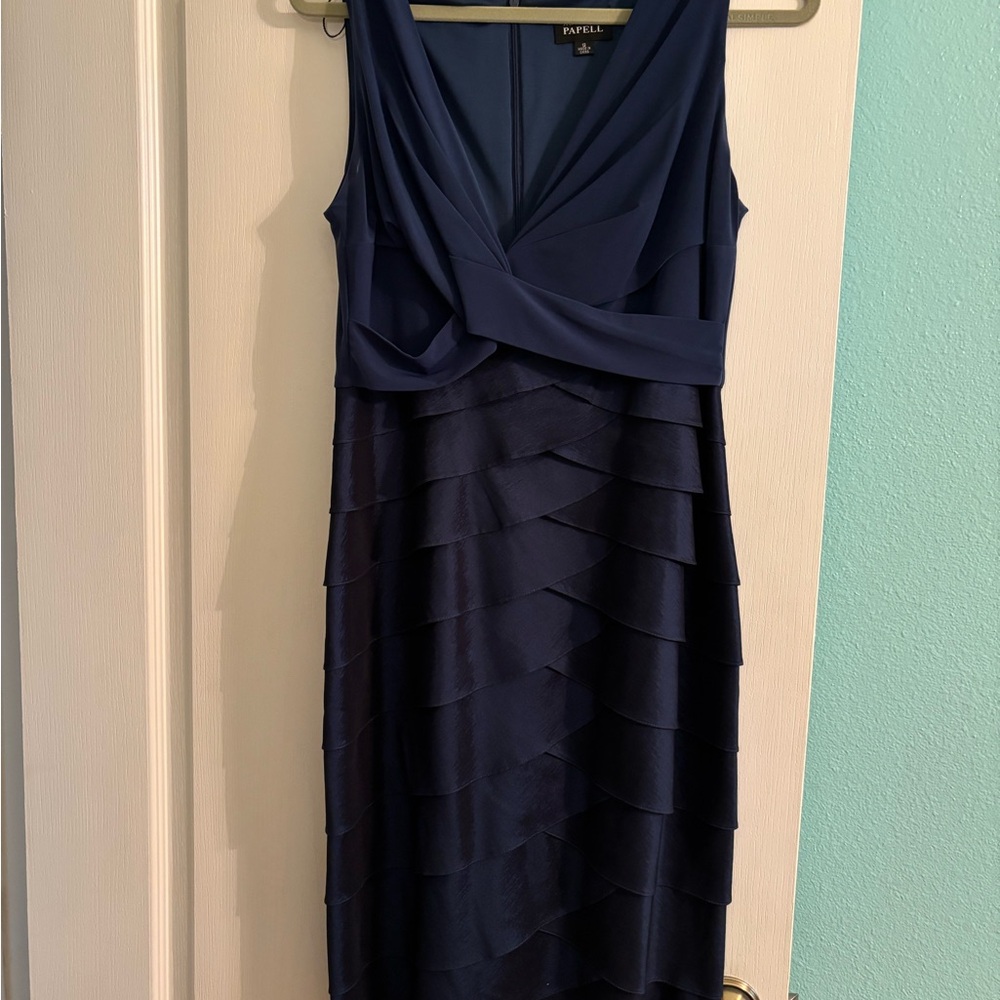 Adrianna Papell Blue Sheath Midi Dress V-Neck Sleeveless